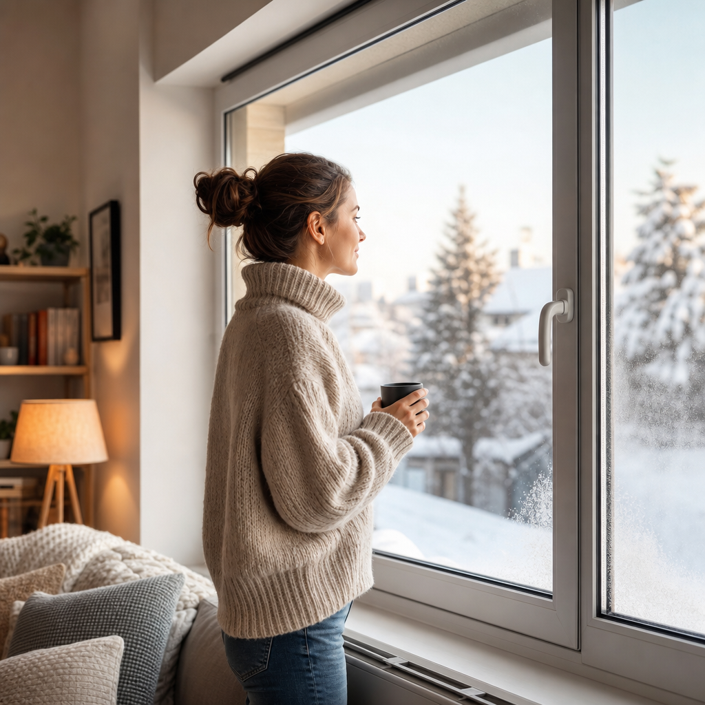 A woman in a cozy sweater stands by a window holding a cup, looking out at a snowy landscape.