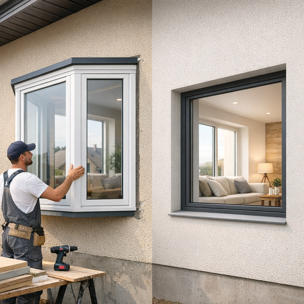 A worker installs a bay window on the exterior of a house, showcasing a cozy interior with a couch and lamp visible through the adjacent window.