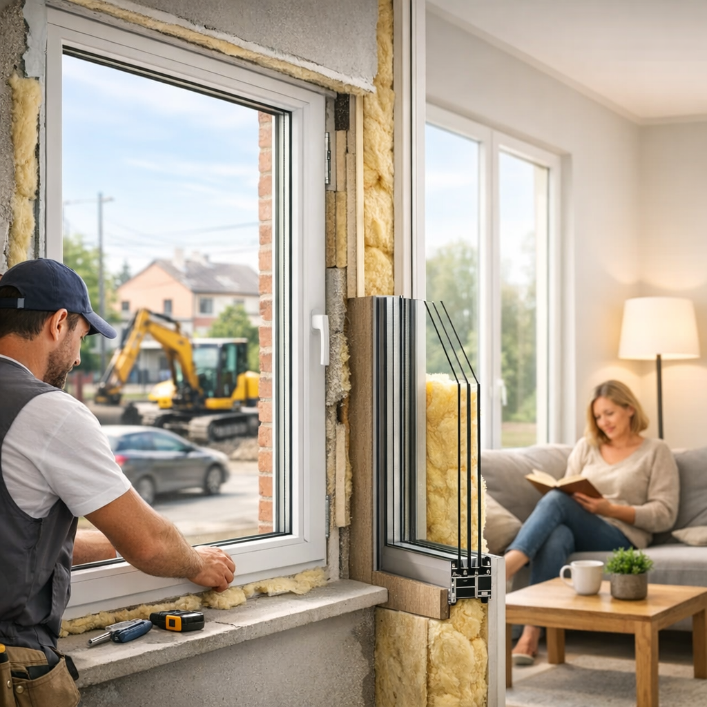 A contractor installs a new window while a woman reads a book in a living room nearby.