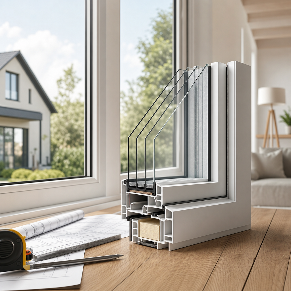 A cross-section of a modern window demonstrates multiple glass panes and insulation, placed on a wooden surface with blueprints and a measuring tape.