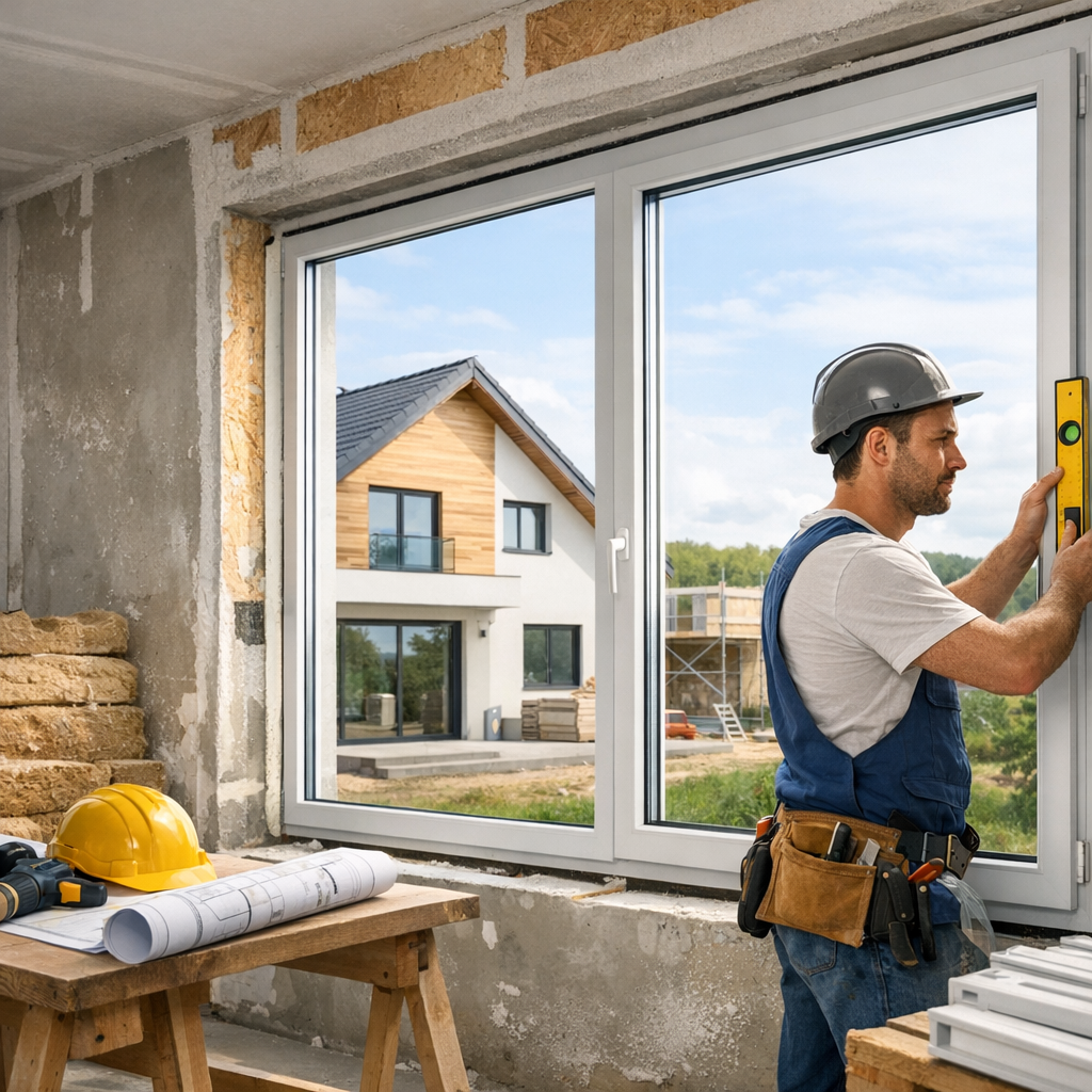 A construction worker in a hard hat installs a window in a partially finished building, with a modern house visible in the background.