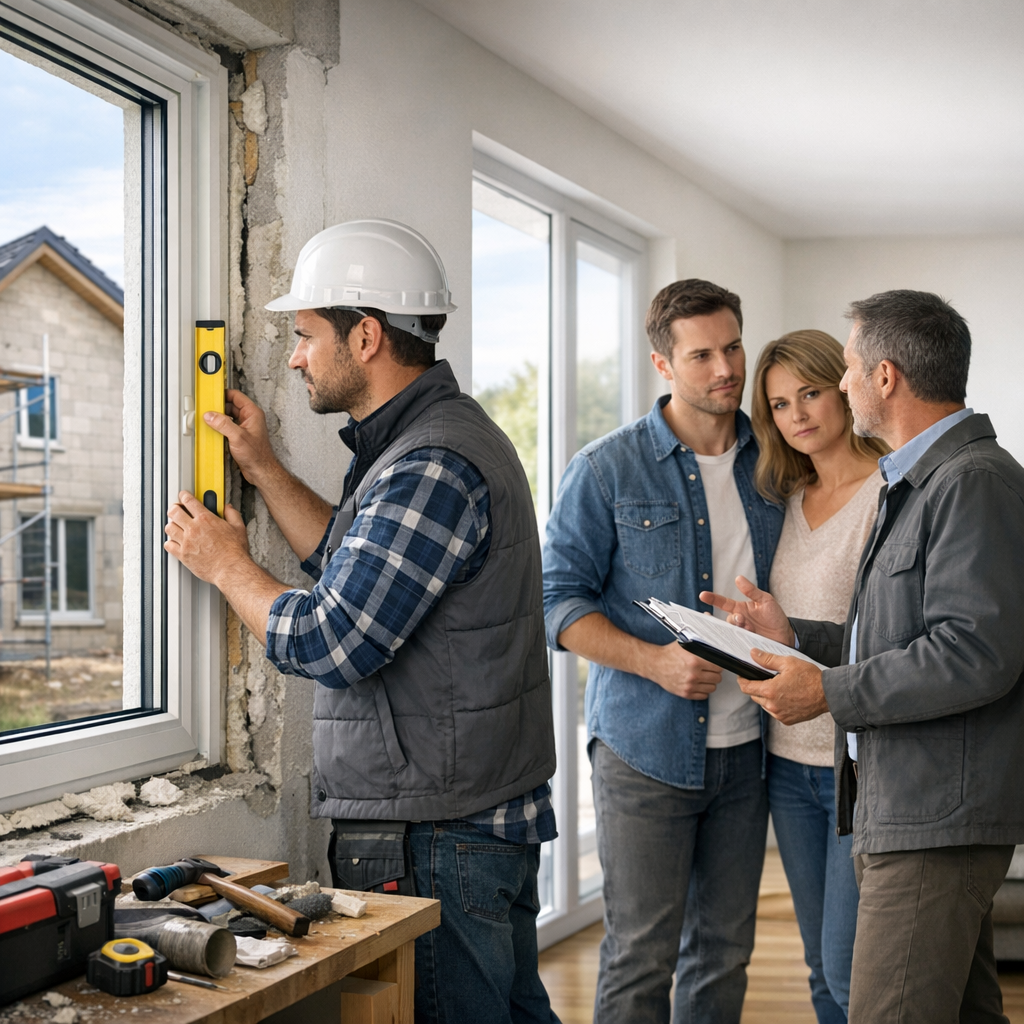 A construction worker uses a level to measure a window frame while two clients and another worker discuss renovations.