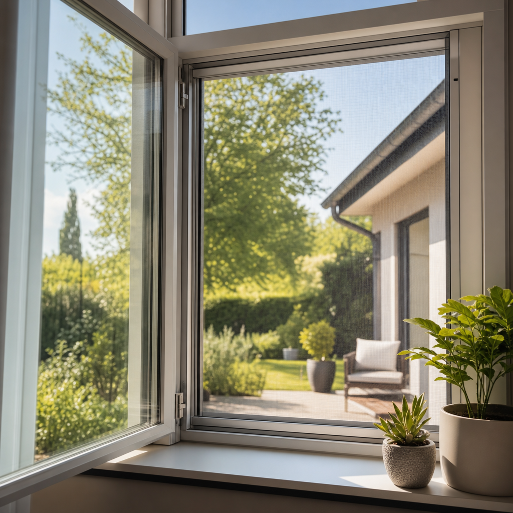 A view of a garden through an open window, with a potted plant on the windowsill and sunlight illuminating the greenery outside.