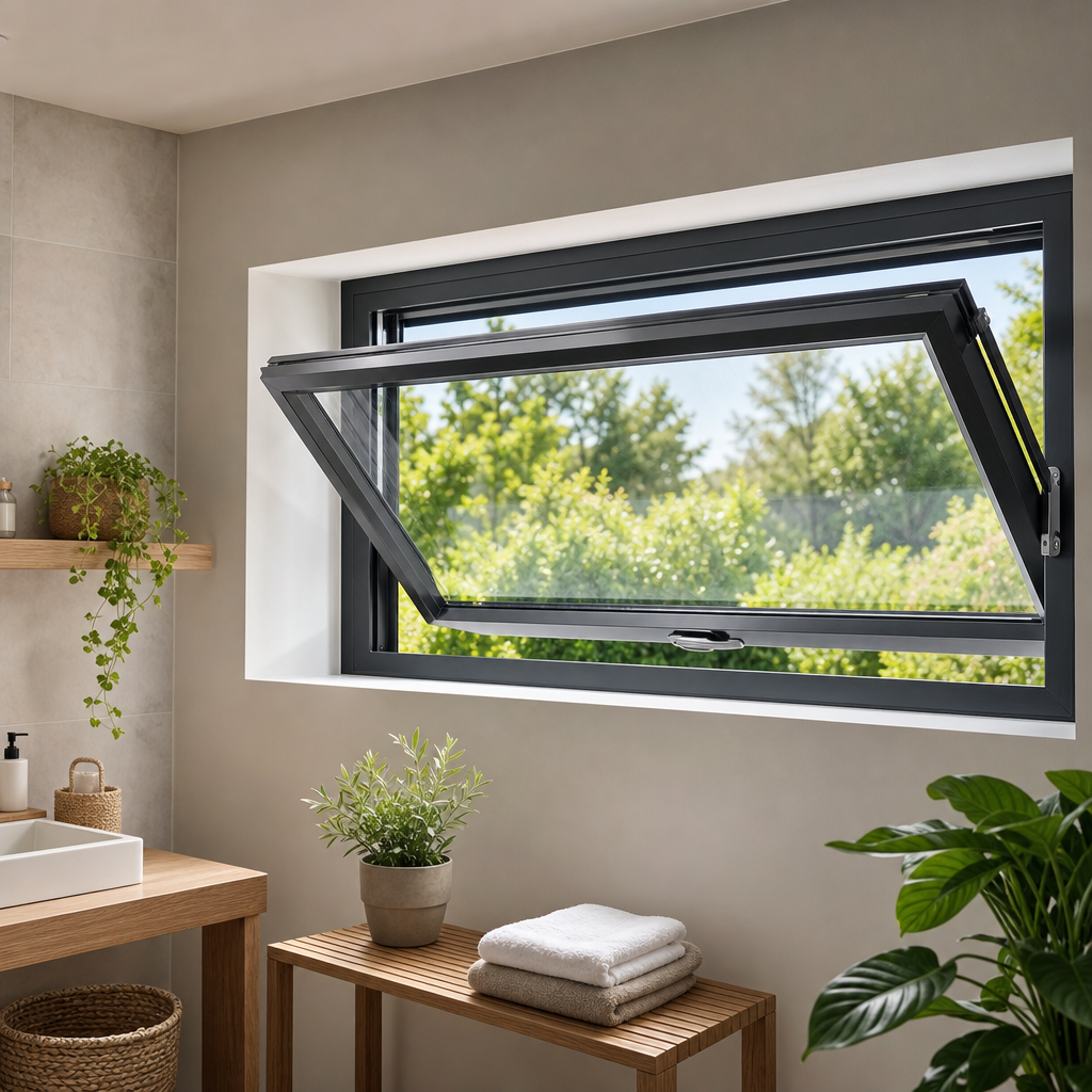 A modern bathroom features an open window with a black frame, greenery outside, a sink with toiletries, and a wooden bench holding folded towels and a plant.
