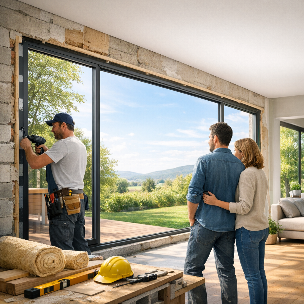 A man installs a window frame while a couple watches from inside a partially constructed home with a view of the outdoors.