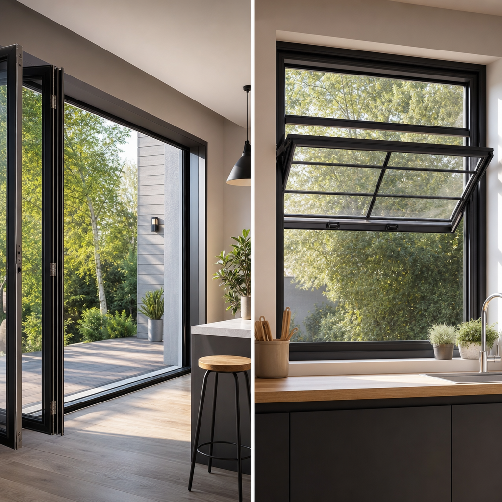 A split image showing a modern kitchen with a sliding glass door leading to an outdoor deck on the left and a window that is partially open with greenery visible outside on the right.