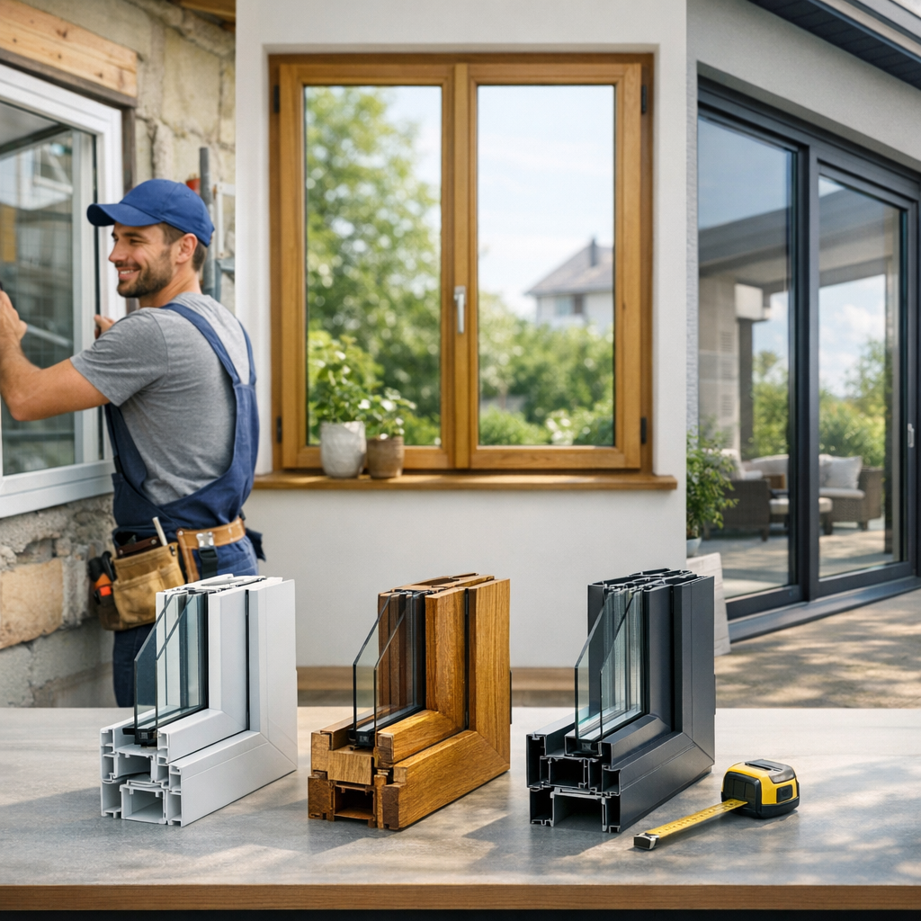 A carpenter installs a window while showcasing three types of window frames—white, wood, and black—on a countertop with a measuring tape.