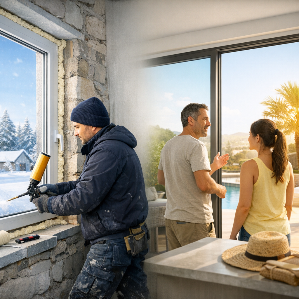 A man applies caulk to a window in a cold environment, while another man and woman converse by a patio door overlooking a sunny poolside.