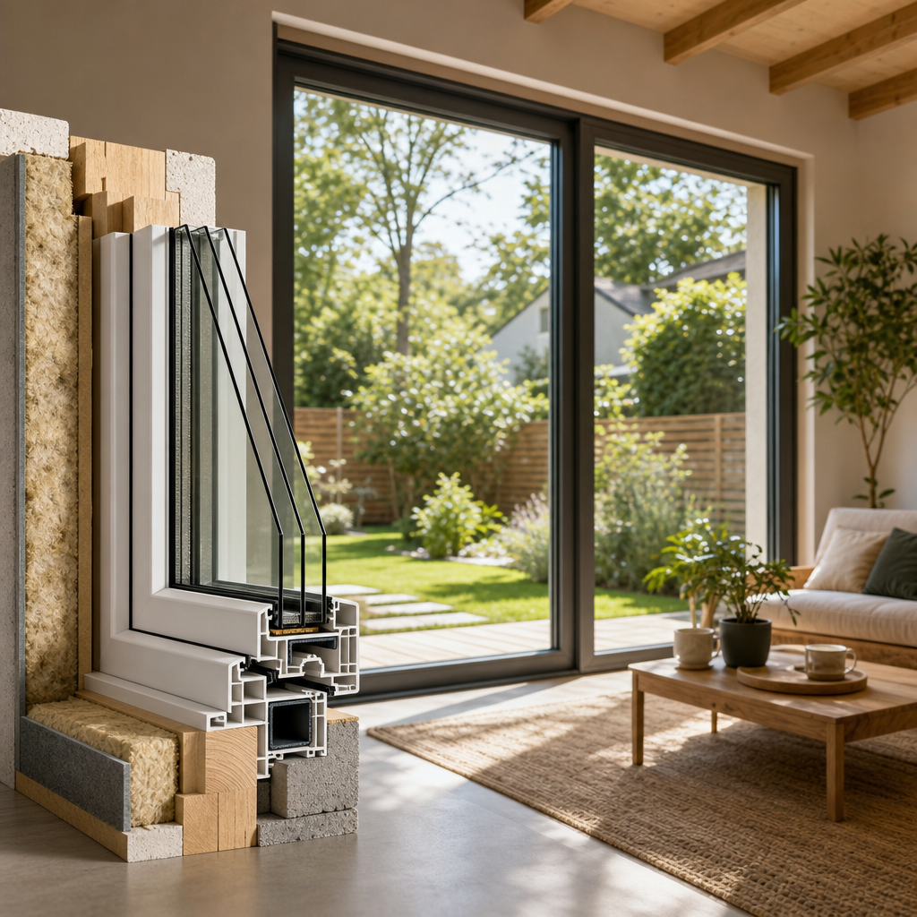A cross-section of a multi-pane window frame displaying insulation materials, with a garden view visible through the large windows in a modern living room.