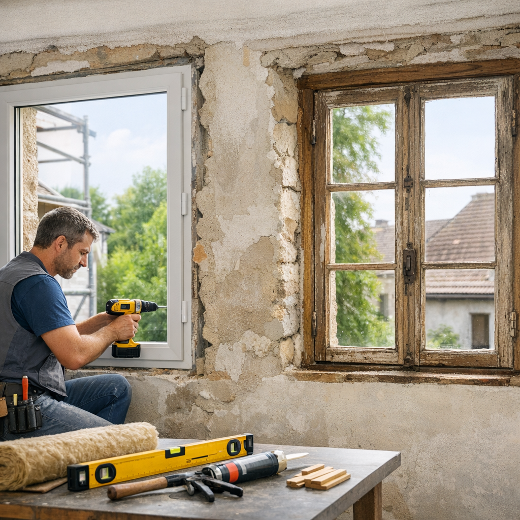 A man is installing a window frame in a room with cracked walls, while tools and materials are visible on a workbench nearby.