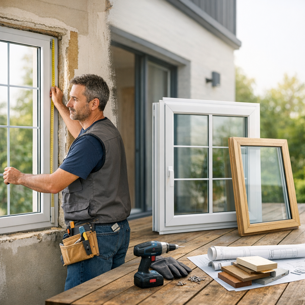 A man measures a window frame at a construction site with tools and materials laid out on a wooden table nearby.