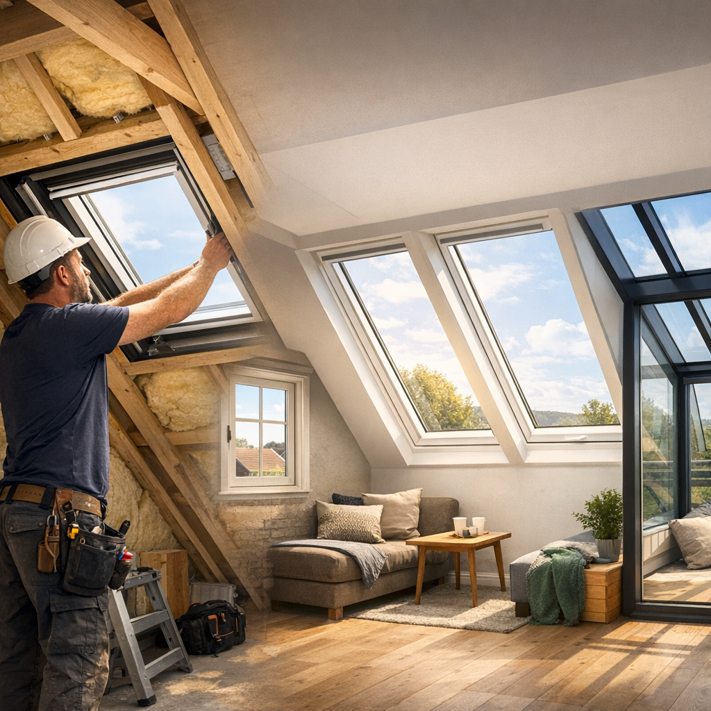A construction worker in a hard hat installs a skylight in an incomplete attic room featuring large windows and a cozy seating area.