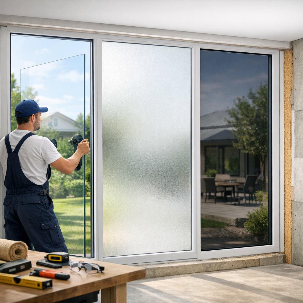 A man in overalls uses suction cups to install a glass panel in a modern sliding door frame.