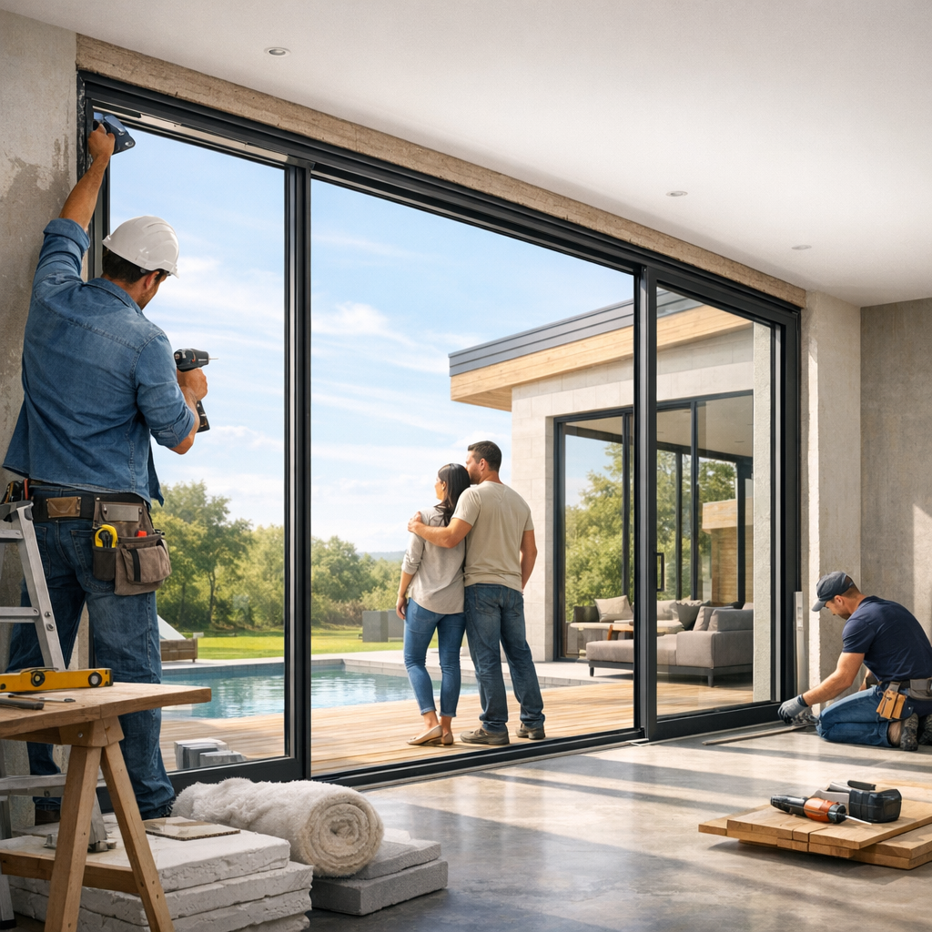 A couple stands by large glass doors overlooking a pool while a worker installs a frame above them.