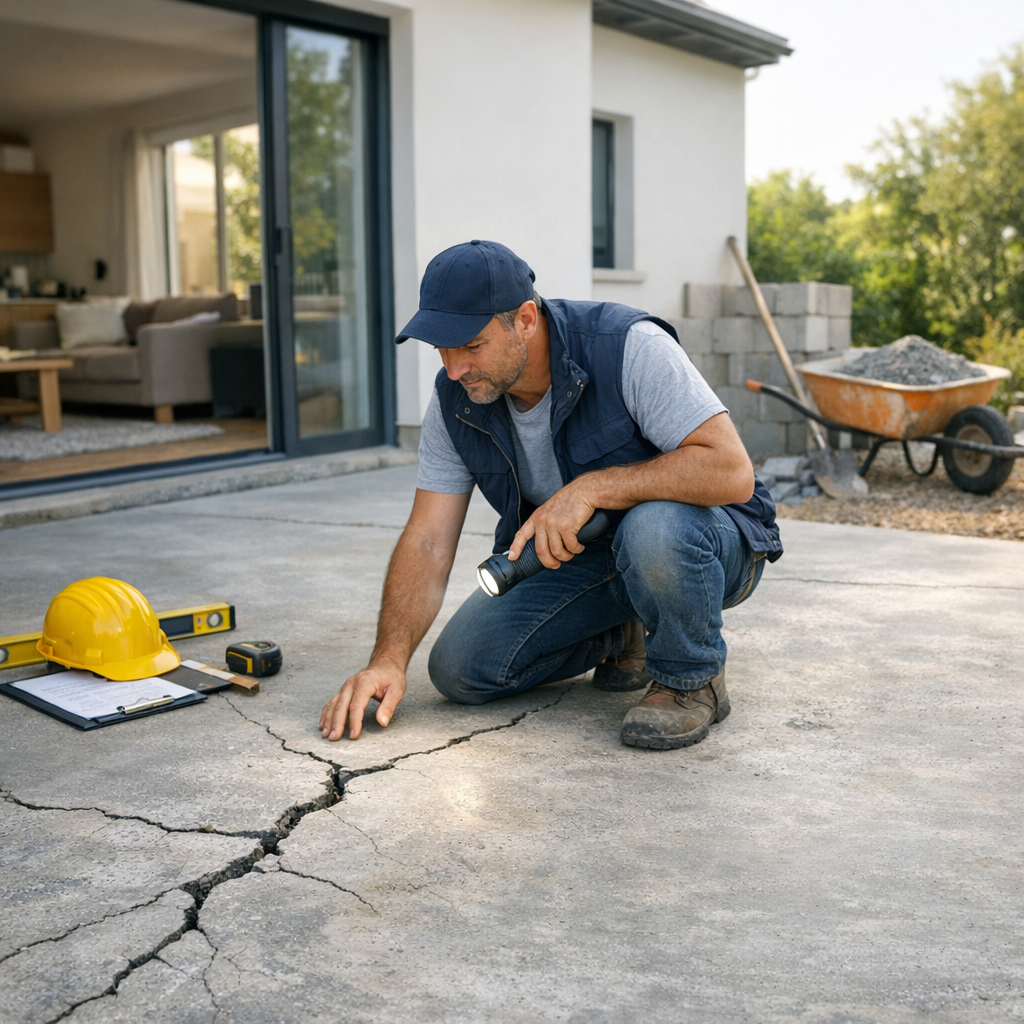 A man kneels on cracked concrete, examining the surface with a flashlight while construction tools and a wheelbarrow are in the background.