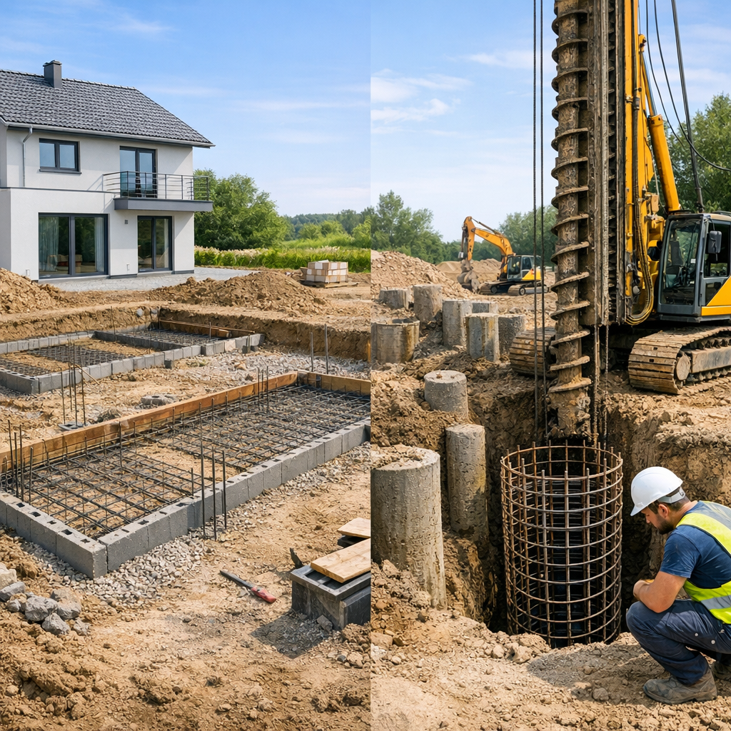 A construction site featuring a partially built house, exposed foundations with rebar, and heavy machinery drilling into the ground.