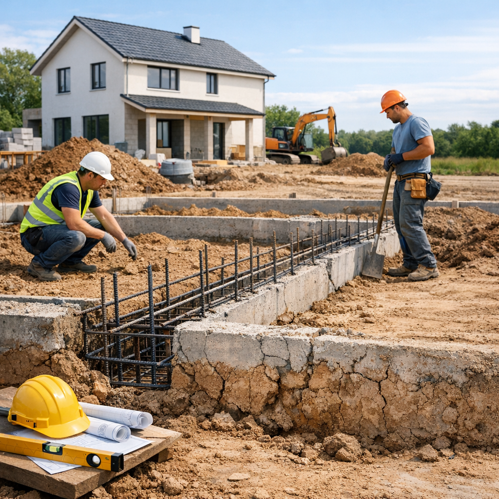 Two construction workers are preparing a building foundation with rebar, shovels, and construction materials at a site with a partially built house in the background.