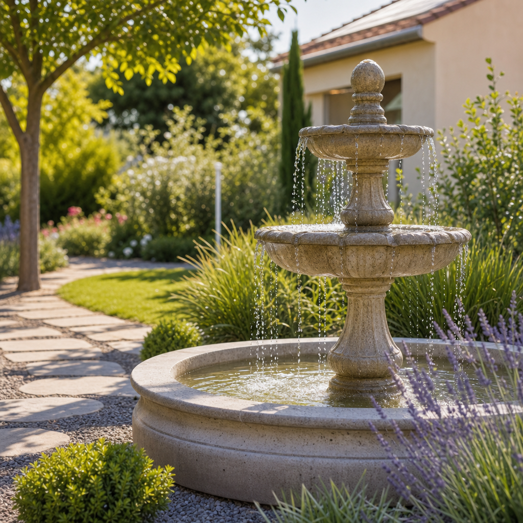 A stone fountain with cascading water is surrounded by lush greenery and flowering plants in a sunny garden setting.