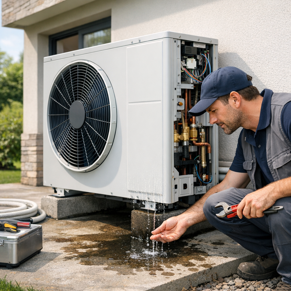 A technician crouches beside an outdoor air conditioning unit, inspecting it as water drips from the unit onto the ground.