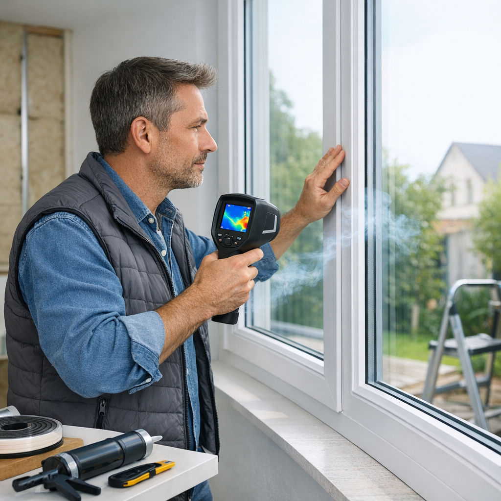 A man is using a thermal imaging camera to inspect a window for leaks in a well-lit room.