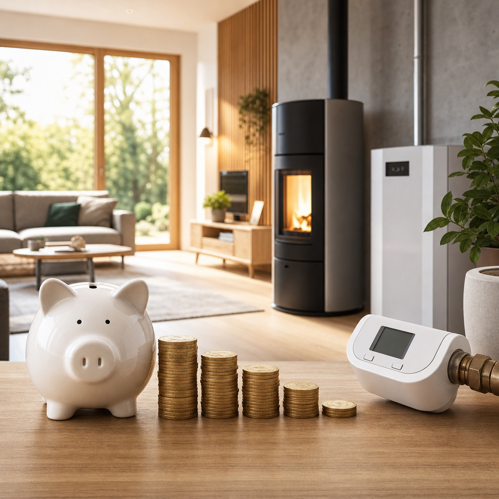 A white piggy bank sits on a wooden table with several stacks of coins beside it in a well-lit modern living room featuring a cozy fireplace.