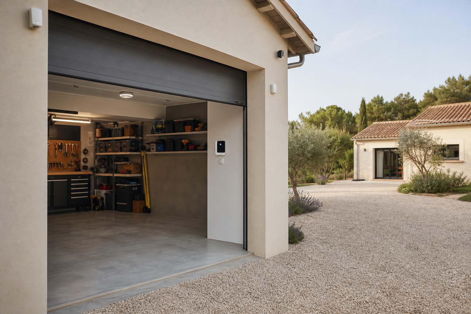 Alarme incendie installée dans un garage sécurisé avec détecteurs sans fil