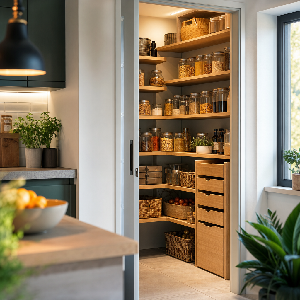 A view of a well-organized pantry featuring shelves filled with jars of ingredients, baskets, and a pull-out drawer, located beside a kitchen with green cabinetry and a bowl of fruit.