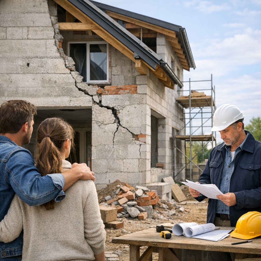 A couple observes a construction worker examining blueprints in front of a cracked building under renovation.