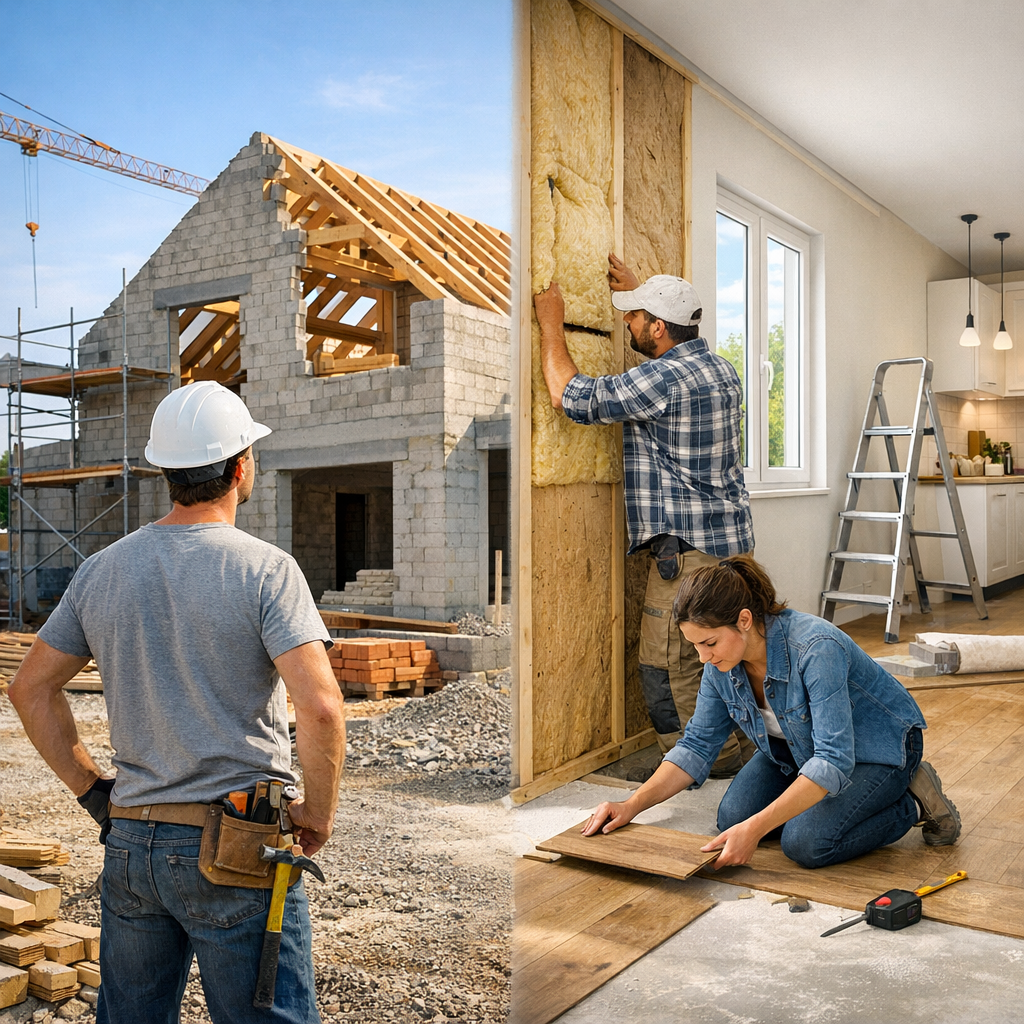 A construction worker observes a building under construction on the left, while on the right, a man installs insulation and a woman lays flooring inside a completed home.