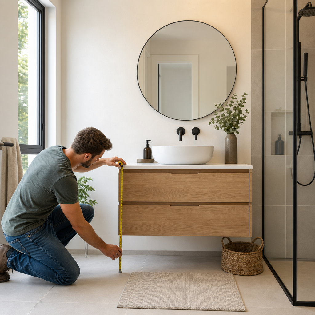 A man kneels measuring the height of a wooden bathroom vanity in a modern bathroom.