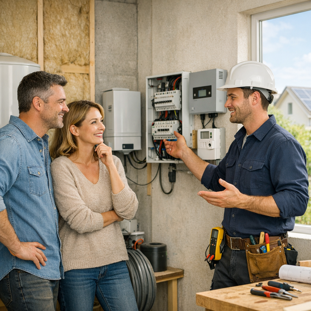 A male electrician in a hard hat explains electrical components to a couple inside a home.