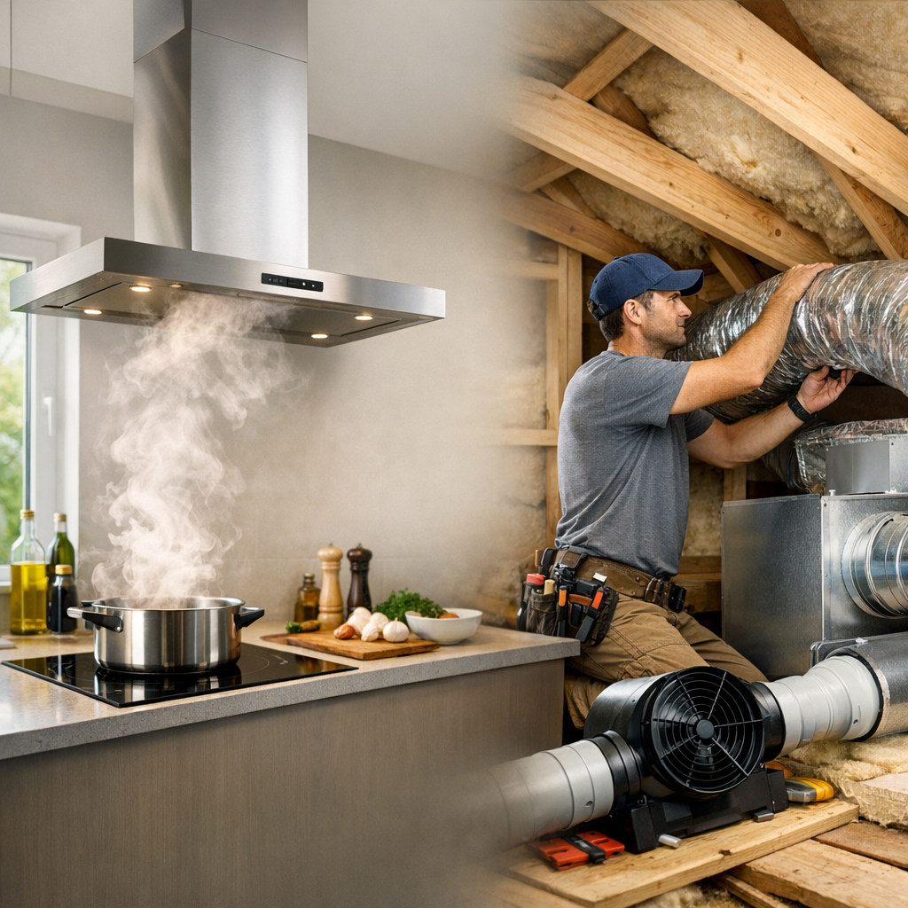A person is working on a kitchen ventilation system while steam rises from a pot on a stove in a modern kitchen.