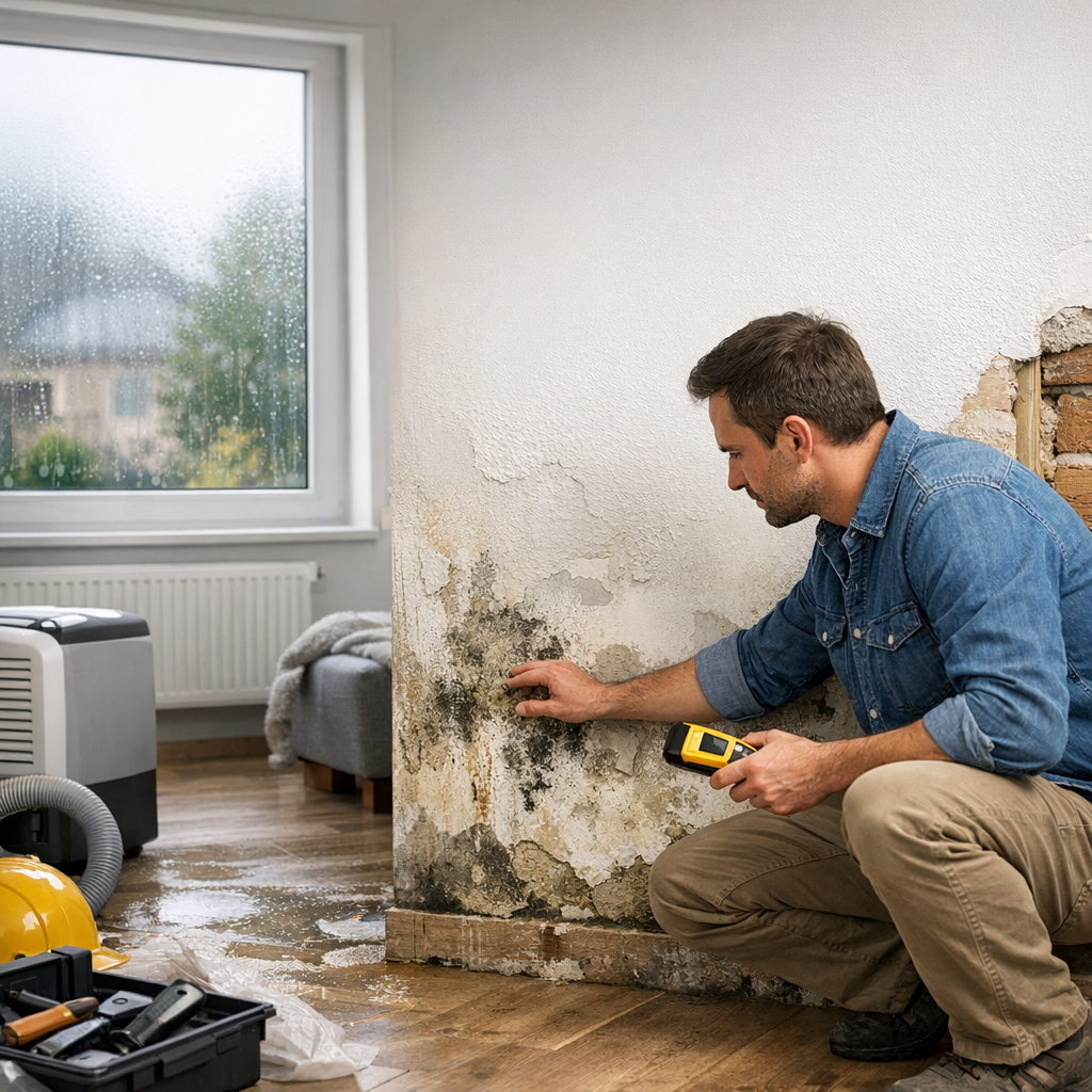 A man kneels beside a wall with mold damage, inspecting it with a moisture meter in a room with wet flooring and rain visible through the window.