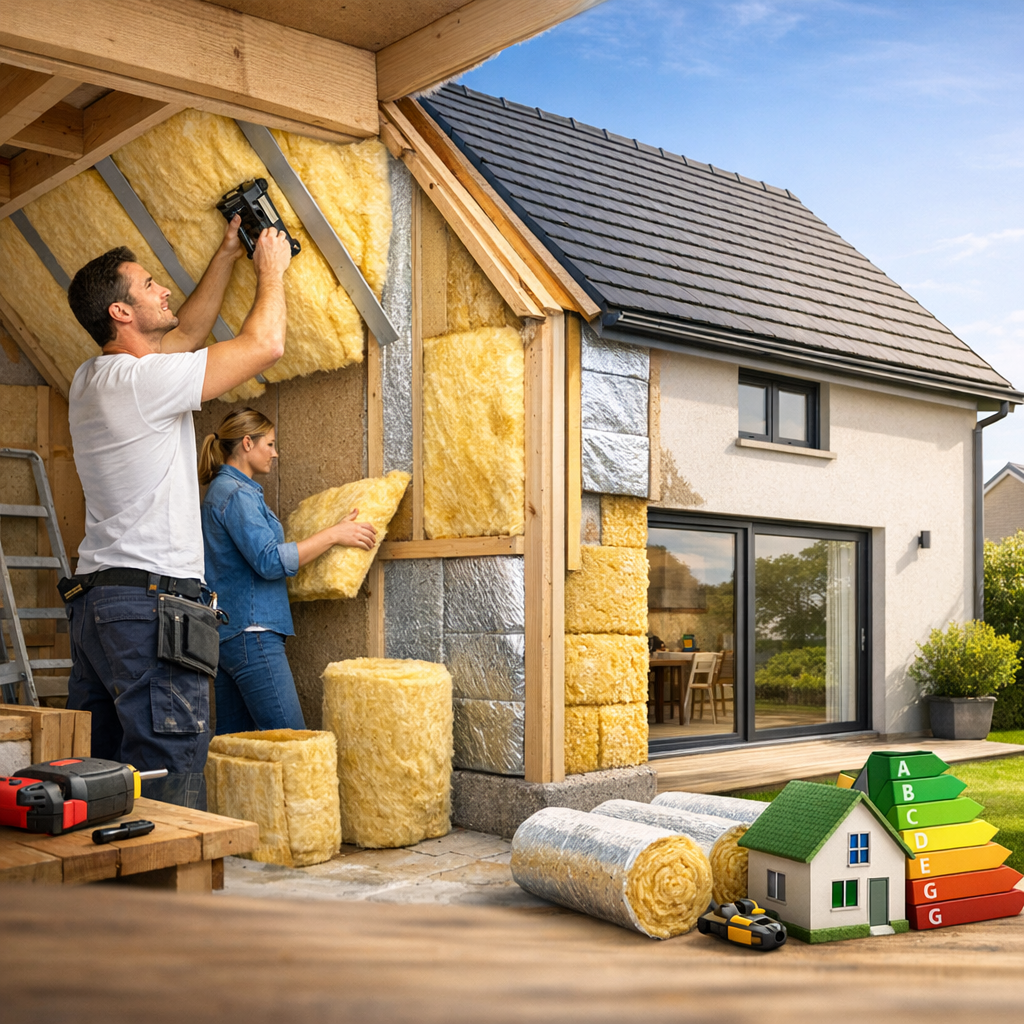 Two people are installing insulation in a house, with one using a nail gun and the other placing insulation panels, while various rolls of insulation are visible nearby.