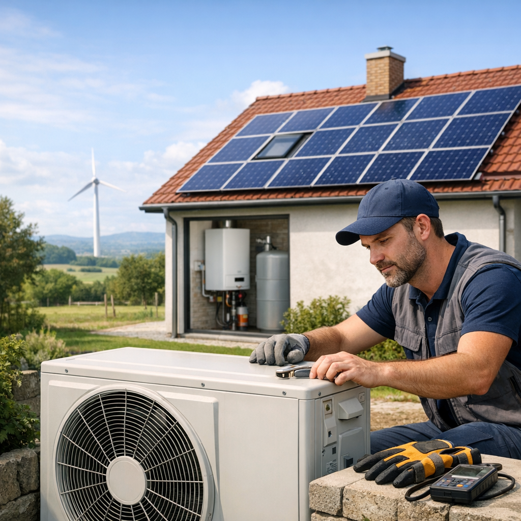 A technician in a cap and gloves is repairing an outdoor air conditioning unit in front of a house with solar panels and a wind turbine in the background.