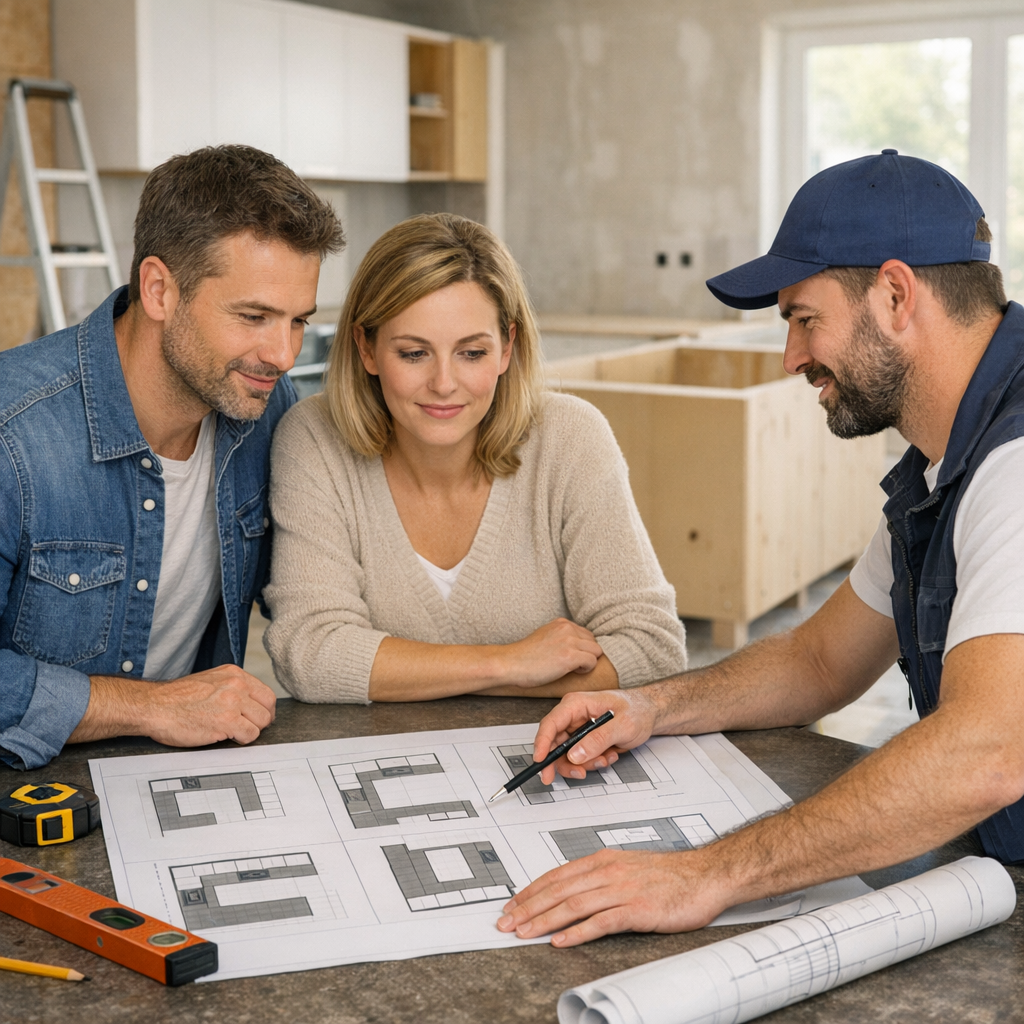 Three people discuss architectural plans at a table in a home under renovation.