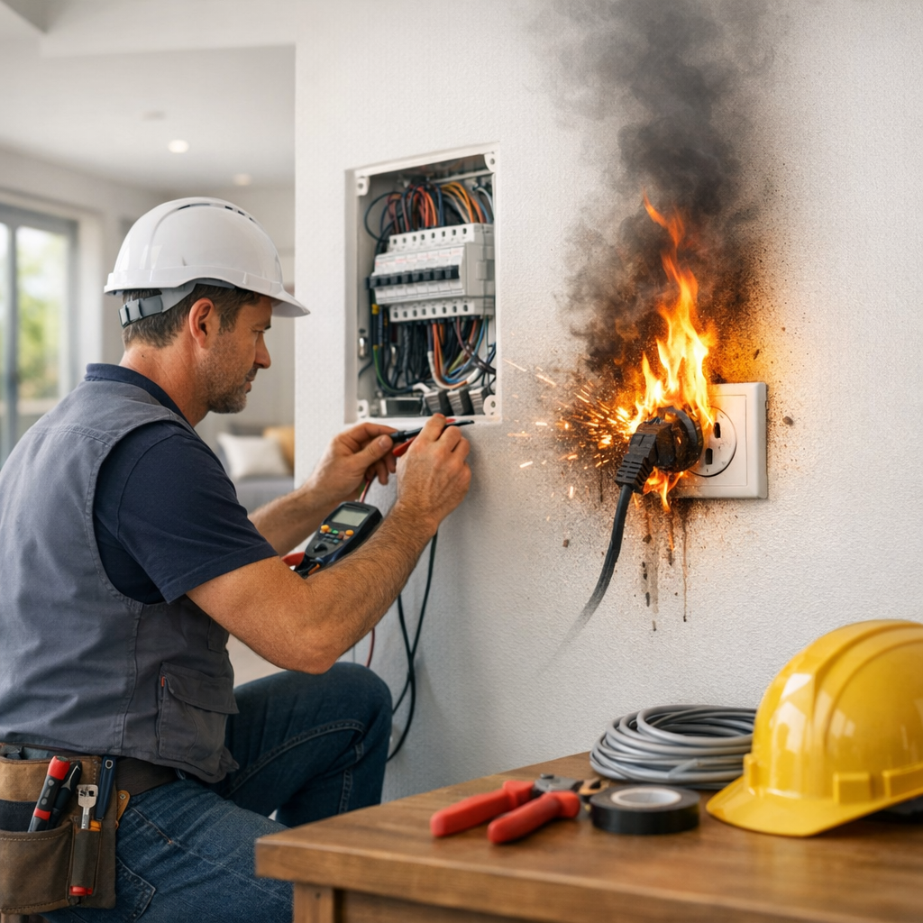 An electrician inspects a wall-mounted electrical panel while a plug sparks and catches fire in an outlet beside him.