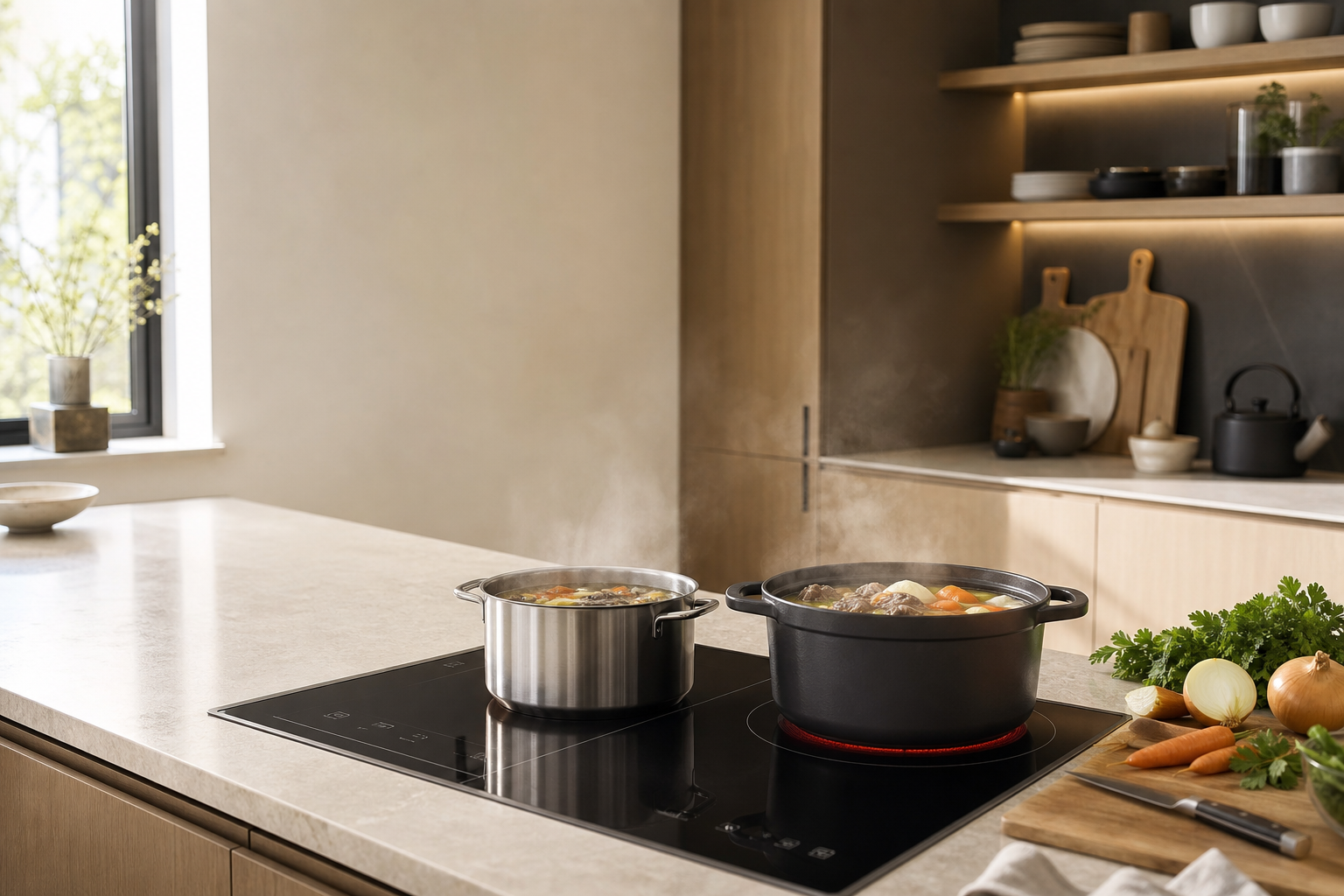 Plaque induction en cuisine préparant un pot au feu