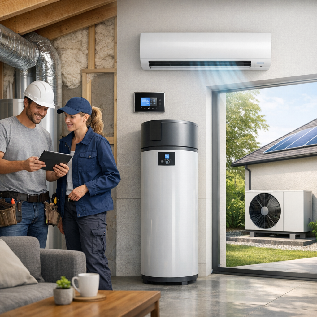 A technician and a woman interact while examining a tablet in a modern room with a heating unit and an air conditioning unit visible through a window.