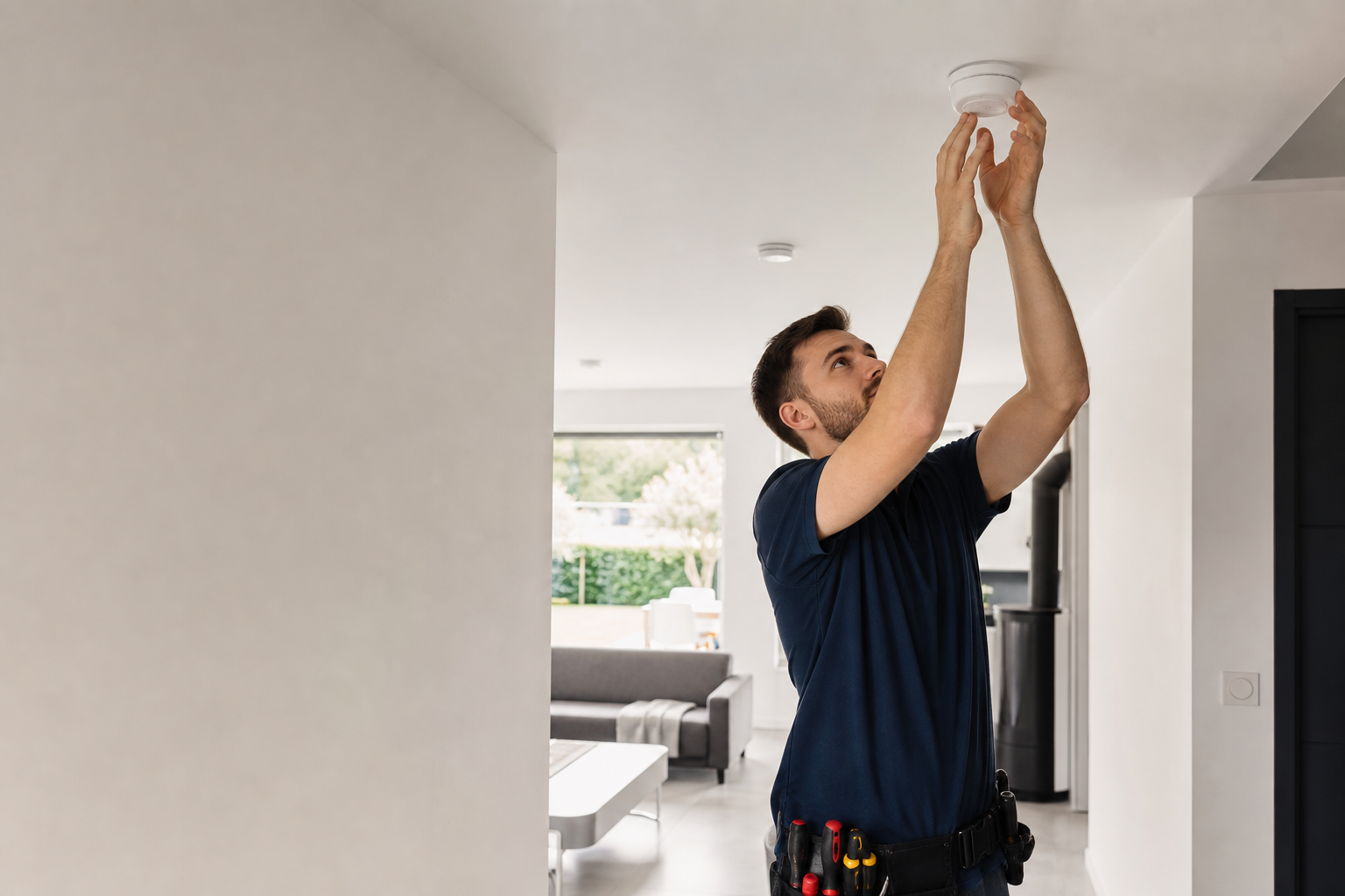 Installateur alarme réglant un détecteur de mouvement dans une maison