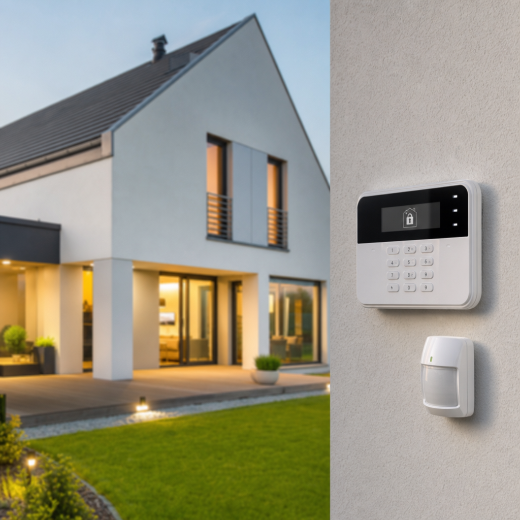 A modern home exterior features a security keypad and motion sensor mounted on the wall, with large windows and a well-maintained lawn visible in the background.