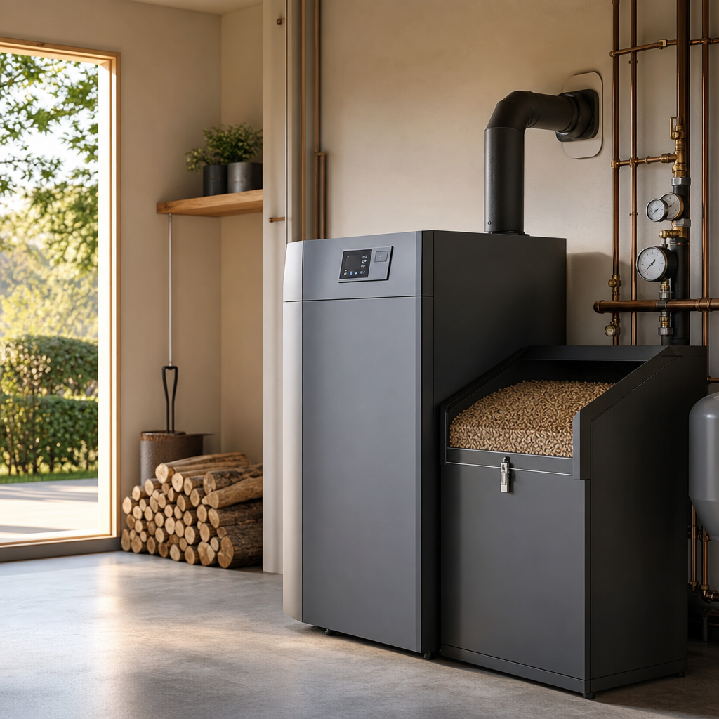 A modern heating system featuring a black unit with a digital display and a connected pellet storage container, set in a bright room with a large window and stacked firewood.