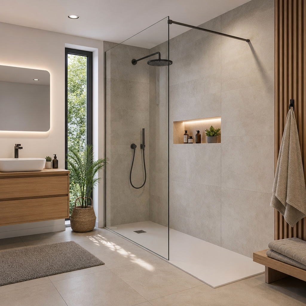 A modern bathroom features a glass shower enclosure, wooden vanity with a mirror, and a potted plant by the window.