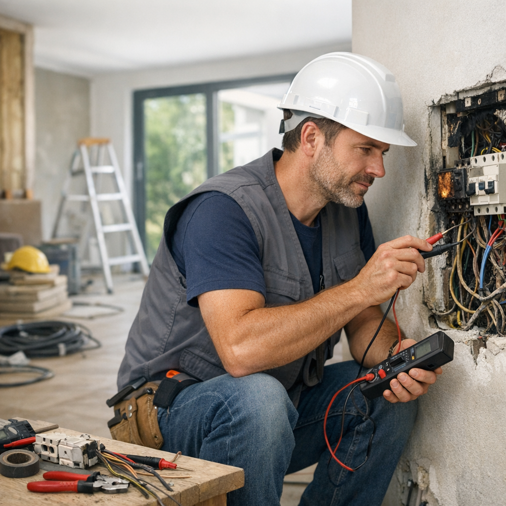 A male electrician in a hard hat uses a multimeter to inspect electrical wires in a wall outlet on a construction site.