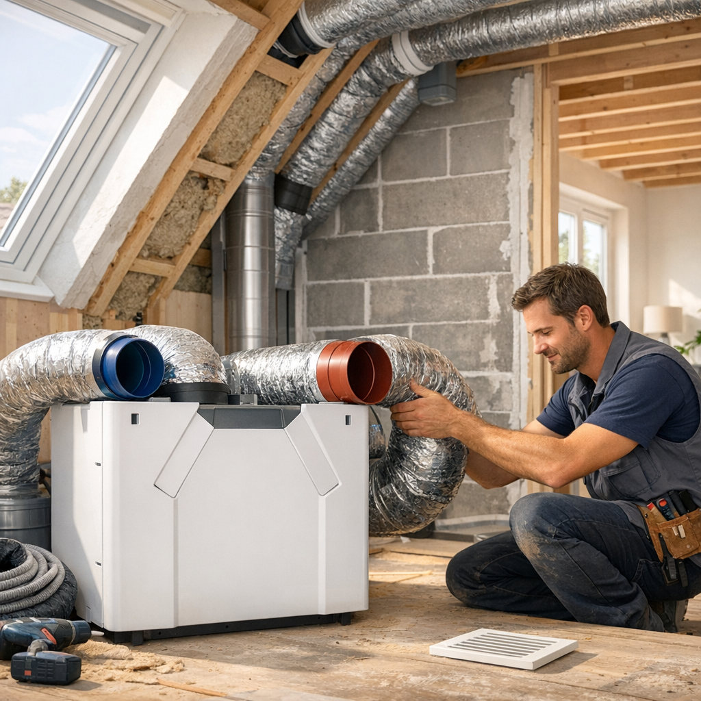 A technician connects ductwork to a modern ventilation unit in an unfinished attic.