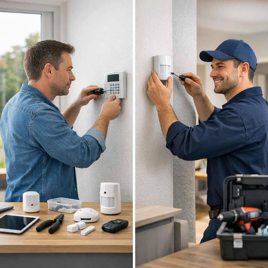 Two men are installing security devices on walls; one is programming a keypad while the other mounts a motion sensor, with tools and devices on a table nearby.