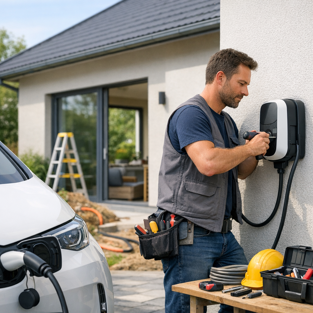 A man in a gray vest installs an electric vehicle charging station on a wall beside a parked car.