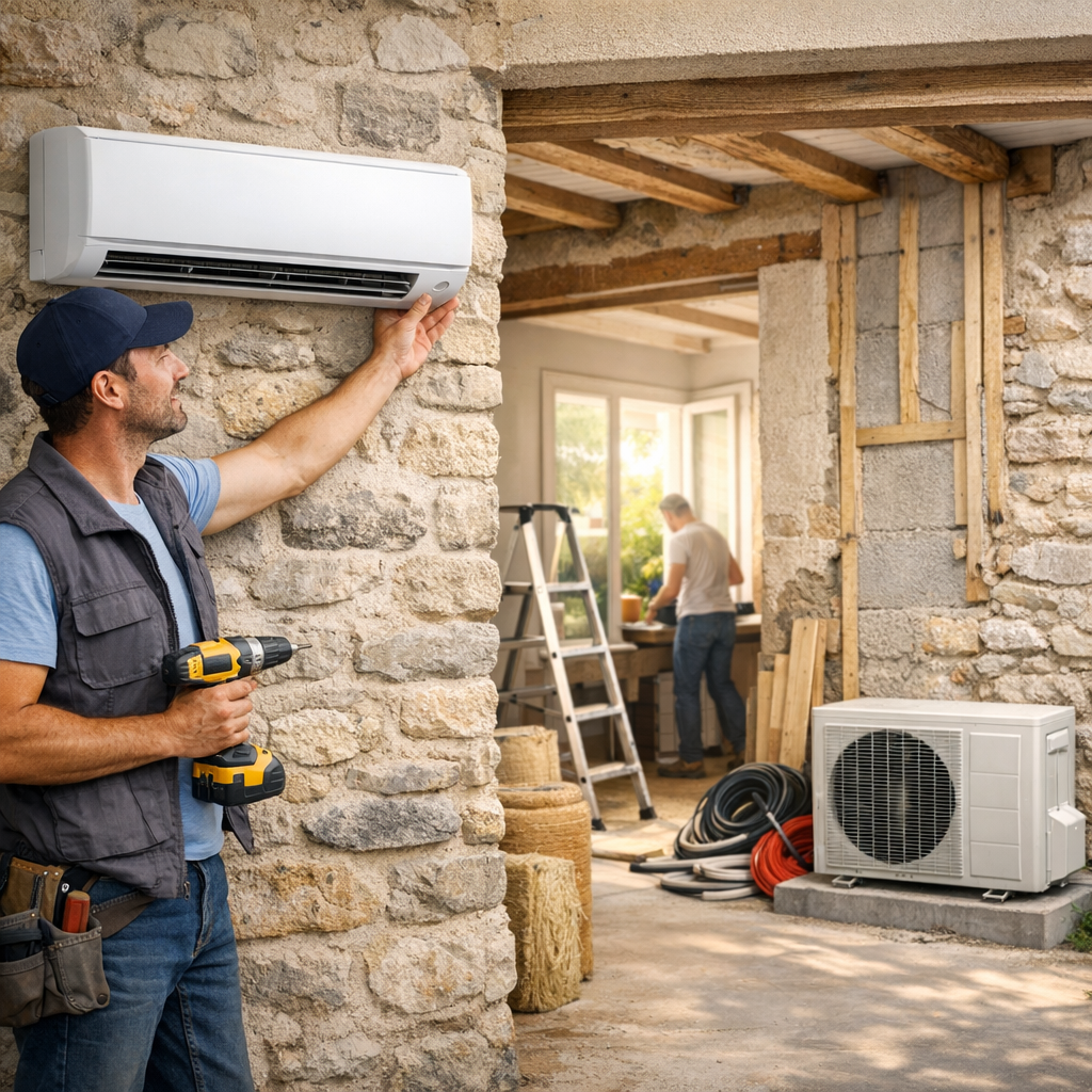 A worker installs an air conditioning unit on a stone wall while another person works in the background.