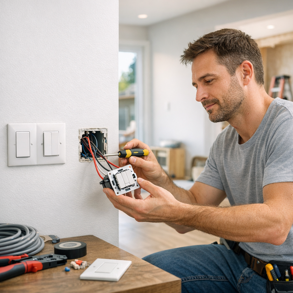 A man is installing a light switch in a wall outlet while using a screwdriver.