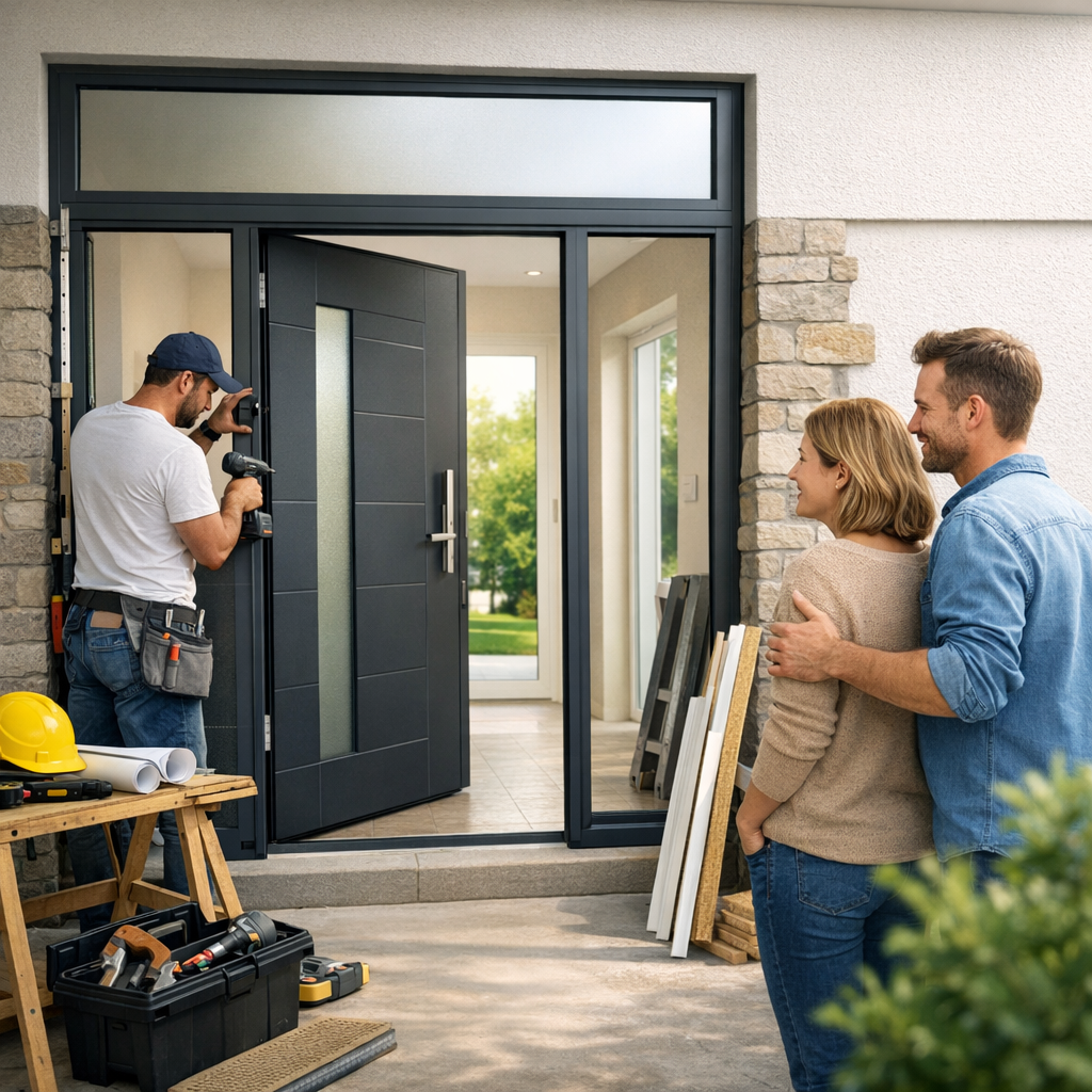 A man installs a front door while a couple watches from outside, standing beside a stack of building materials.